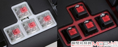 与右边的Strafe机械键盘其中一个不同点就是左边的静音版Strafe RGB机械键盘的底板由红色变成了白色，有助于减小底板颜色对RGB背光的影响以及增加光的反射。当然因为Strafe机械键使用的是MX轴，而另一个使用的则是RGB静音红轴，所以轴体的构成也有所不同。